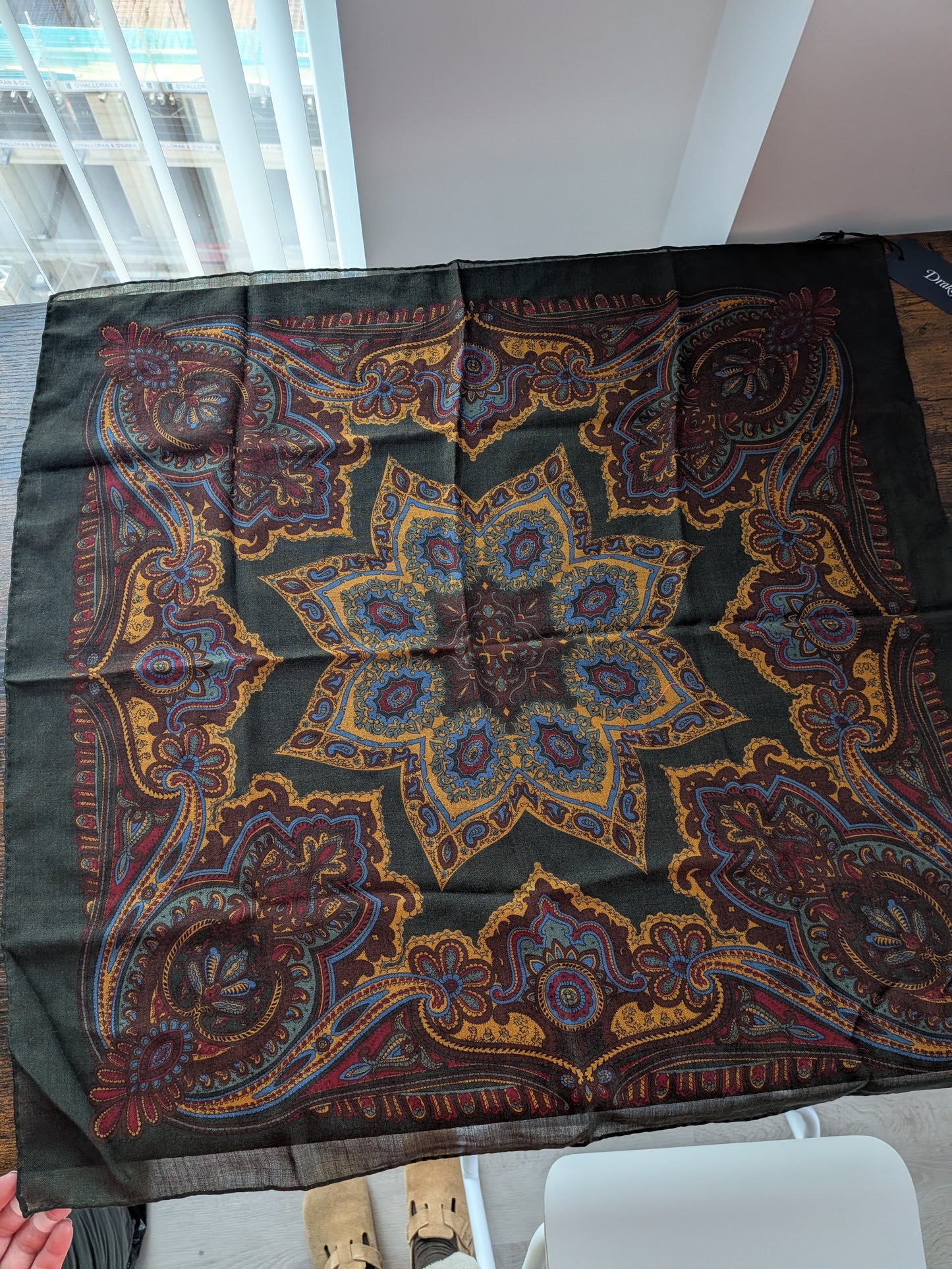Drake's Green Large Paisley Floral Print Wool-Silk Bandana