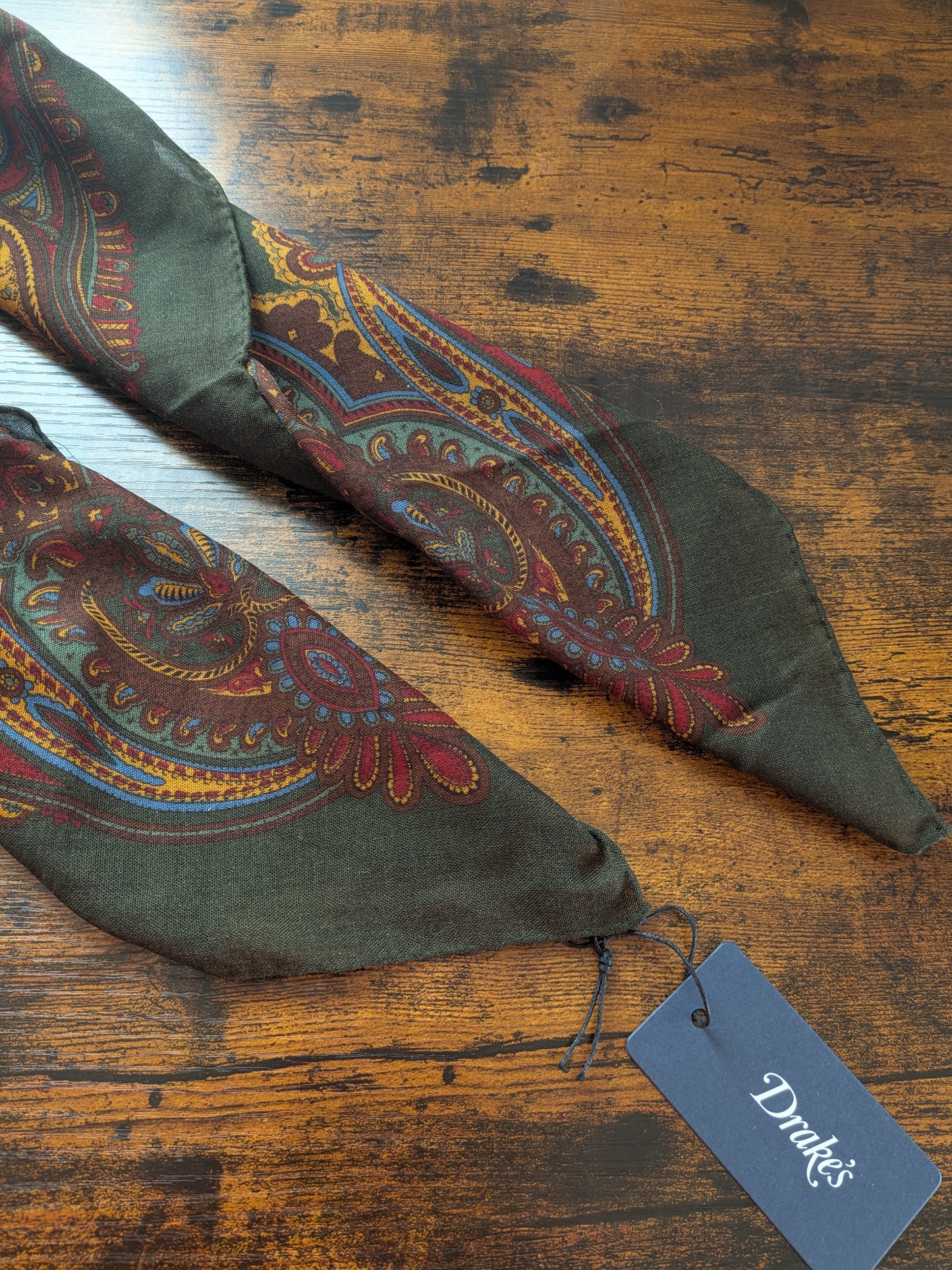 Drake's Green Large Paisley Floral Print Wool-Silk Bandana