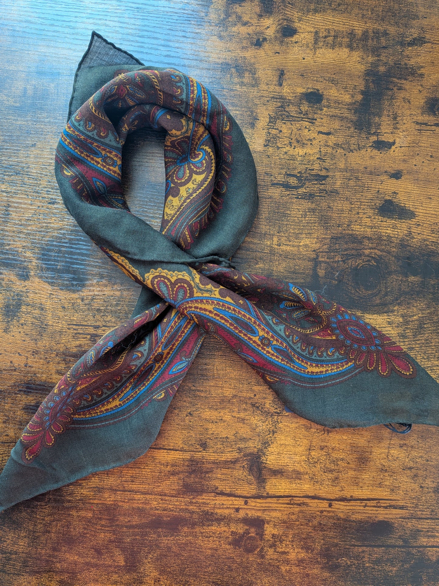Drake's Green Large Paisley Floral Print Wool-Silk Bandana