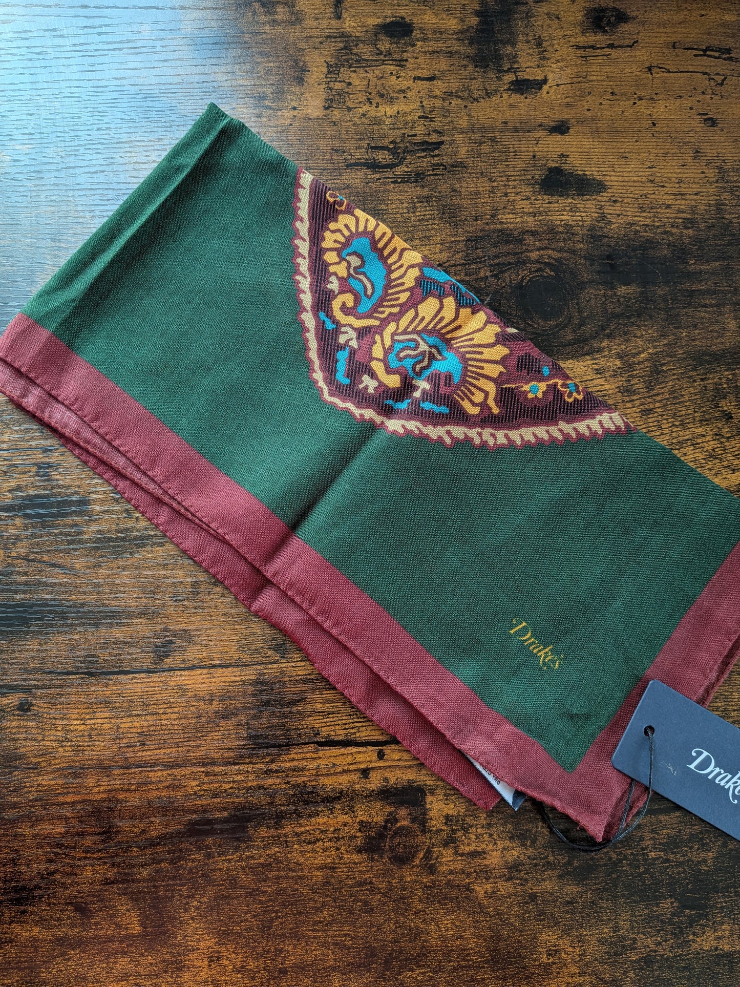 Drake's Burgundy Large Paisley Print Wool-Silk Bandana