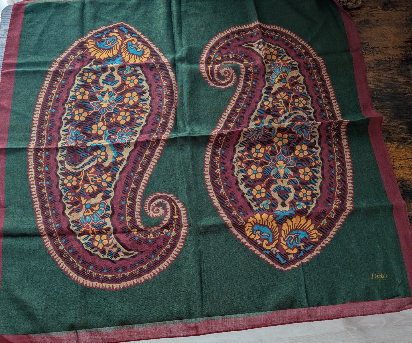 Drake's Burgundy Large Paisley Print Wool-Silk Bandana