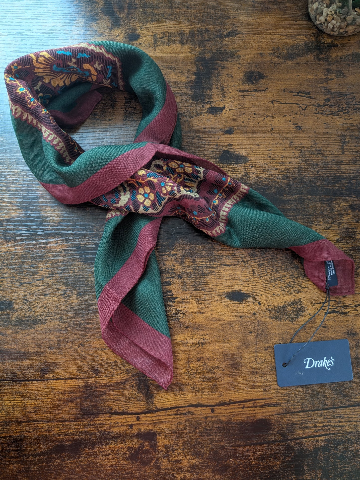 Drake's Burgundy Large Paisley Print Wool-Silk Bandana