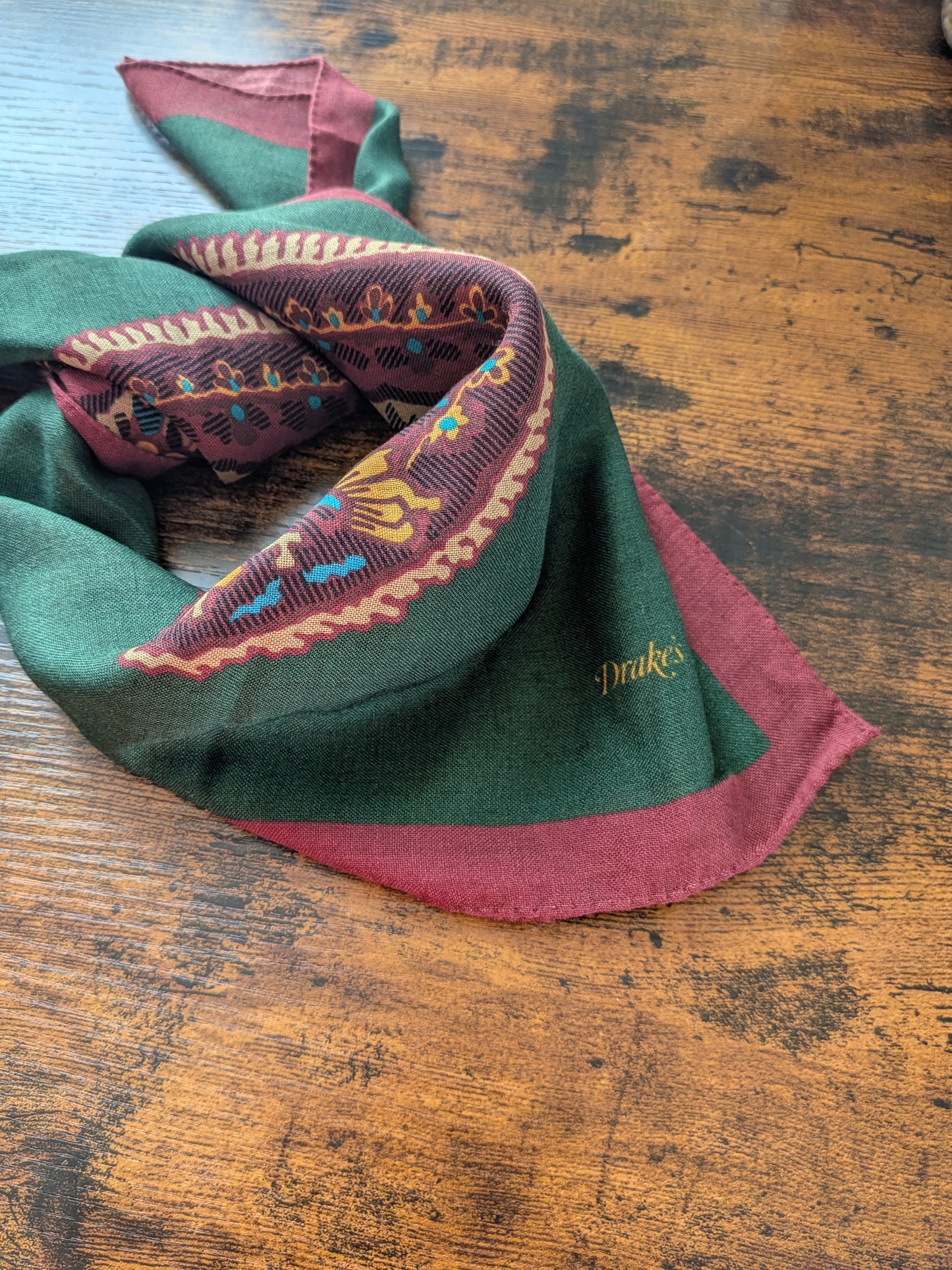Drake's Burgundy Large Paisley Print Wool-Silk Bandana