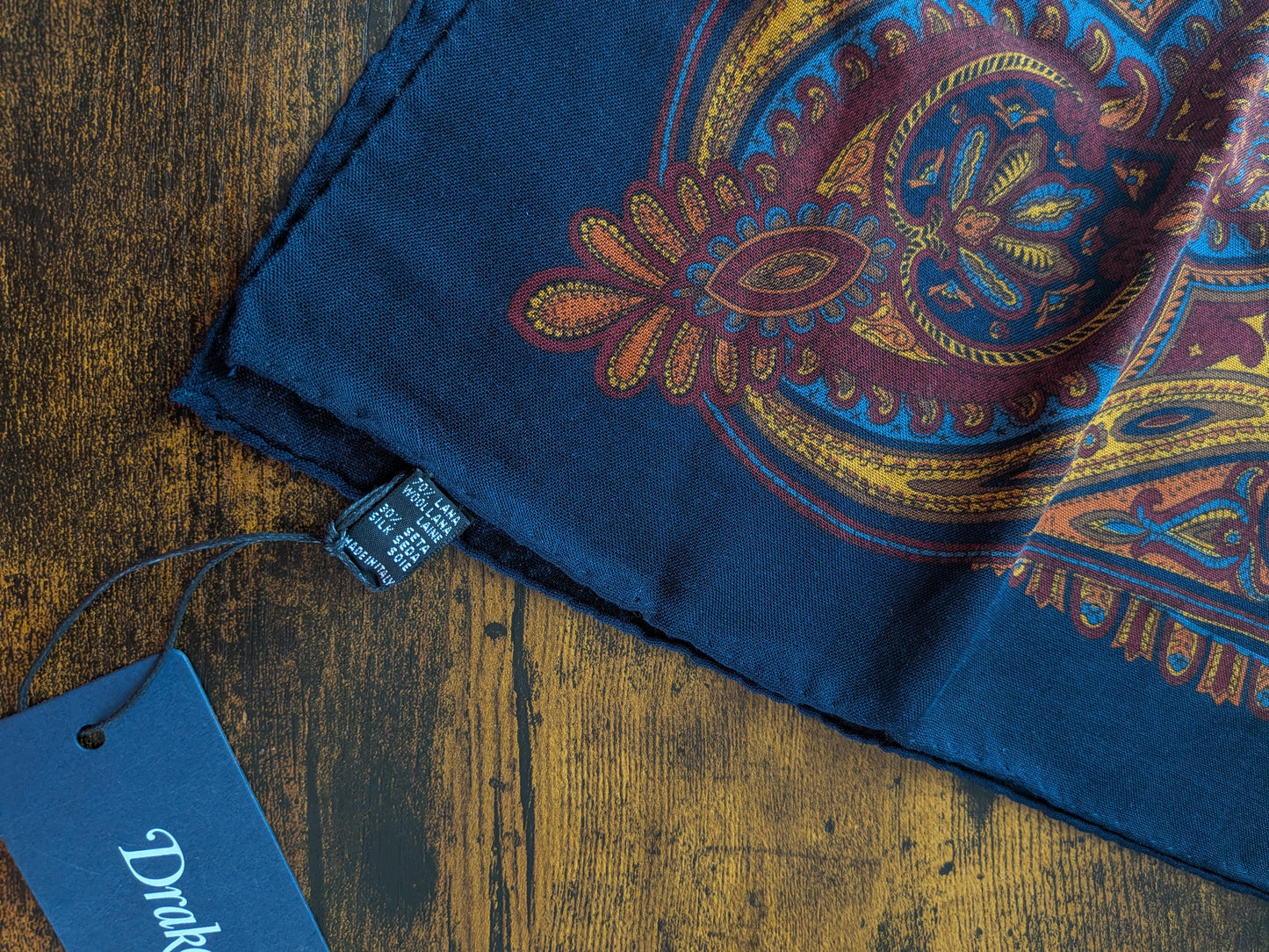 Drake's Navy Large Paisley Floral Print Wool-Silk Bandana