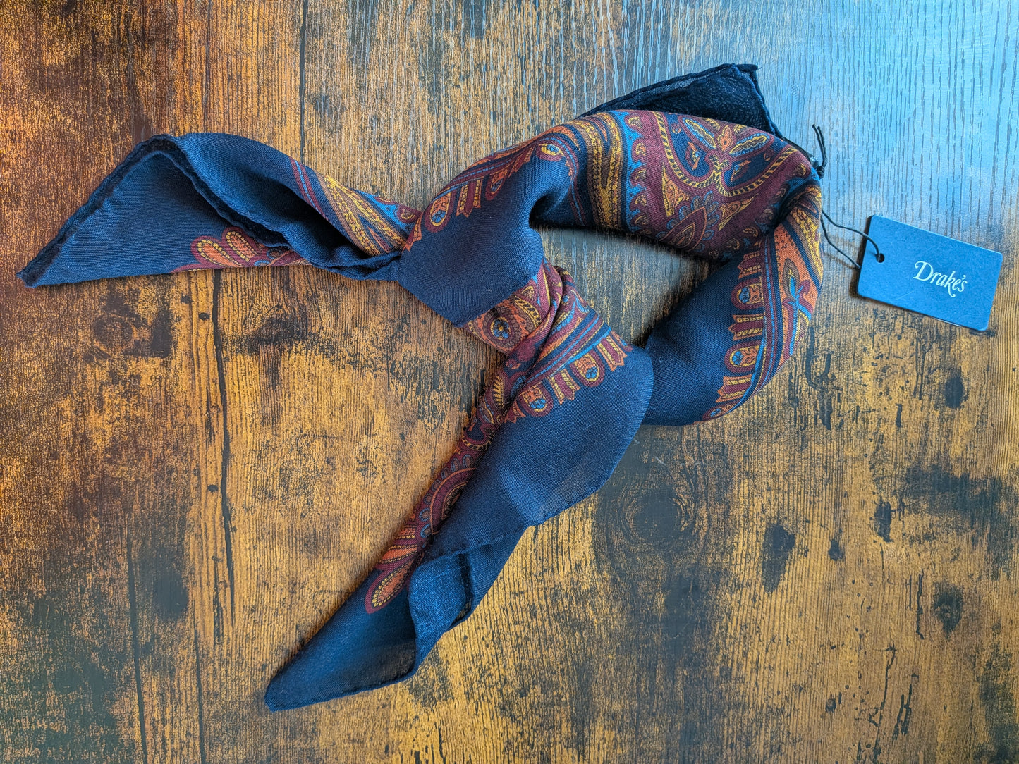 Drake's Navy Large Paisley Floral Print Wool-Silk Bandana