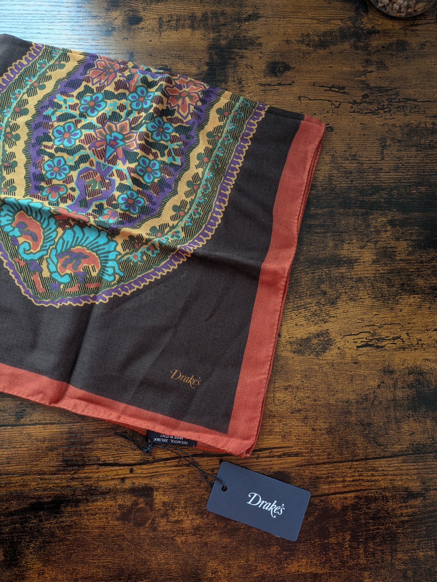 Drake's Brown Large Paisley Print Wool-Silk Bandana