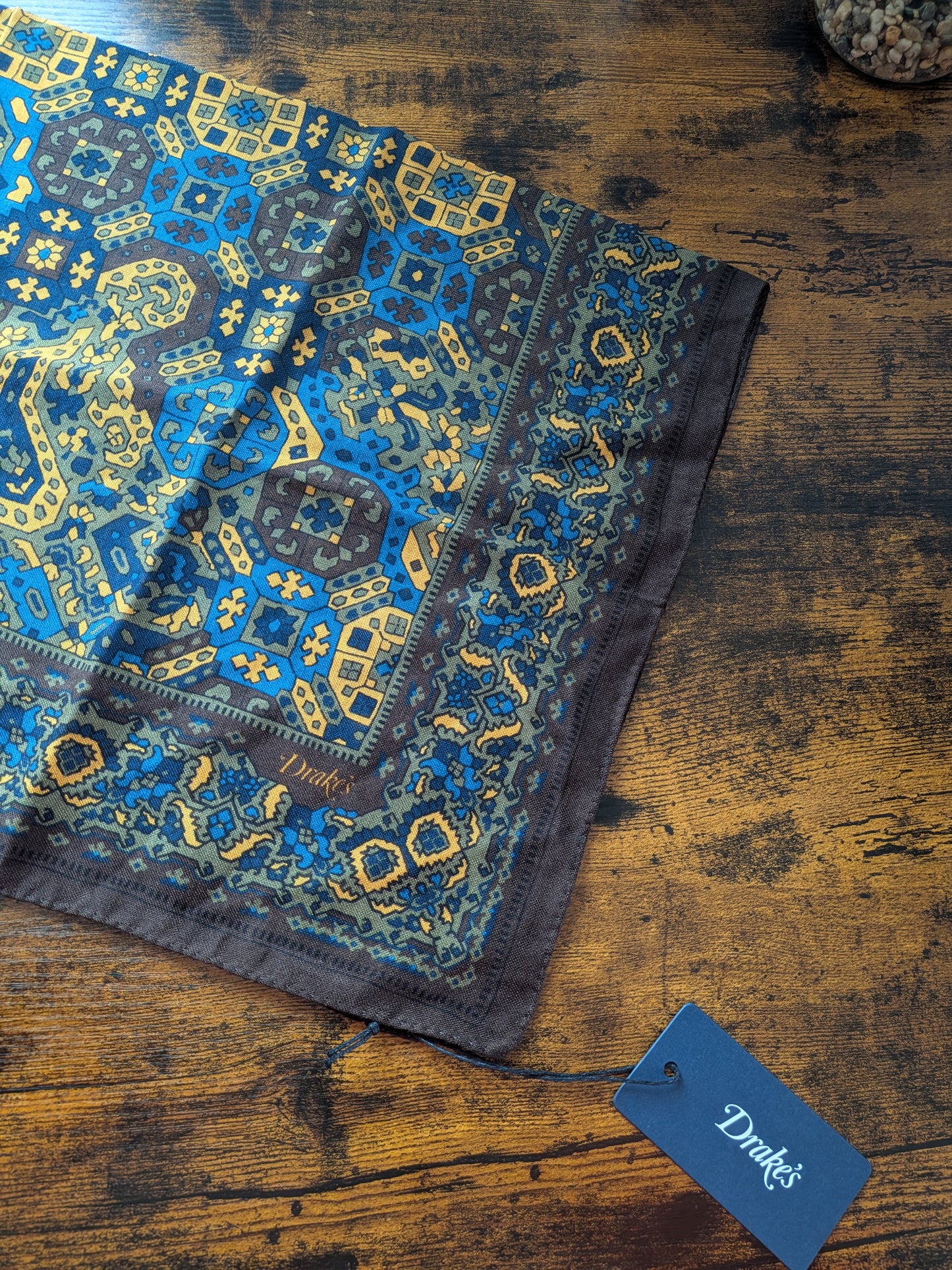 Drake's Brown Blue Tapestry Print Wool-Silk Bandana