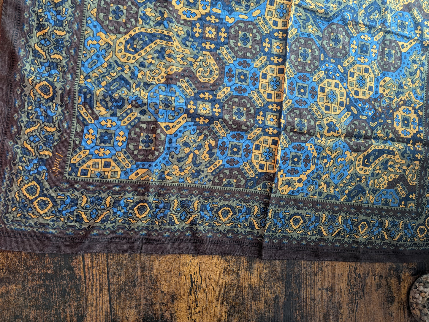 Drake's Brown Blue Tapestry Print Wool-Silk Bandana