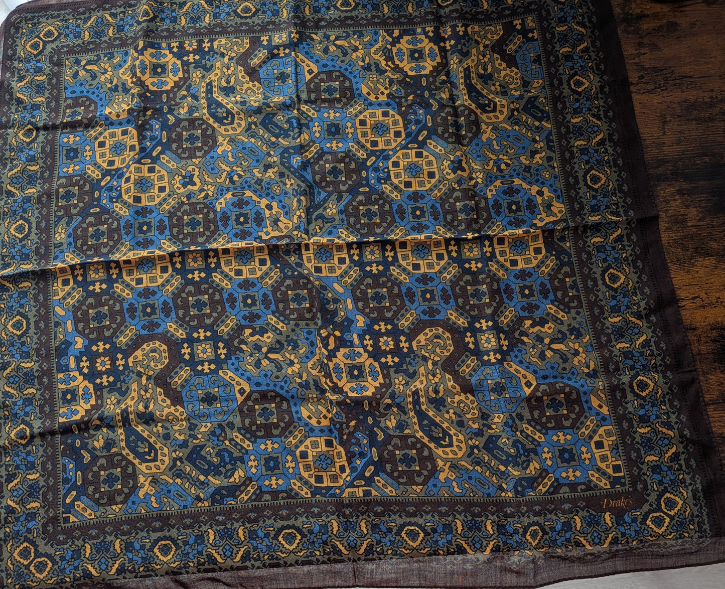 Drake's Brown Blue Tapestry Print Wool-Silk Bandana