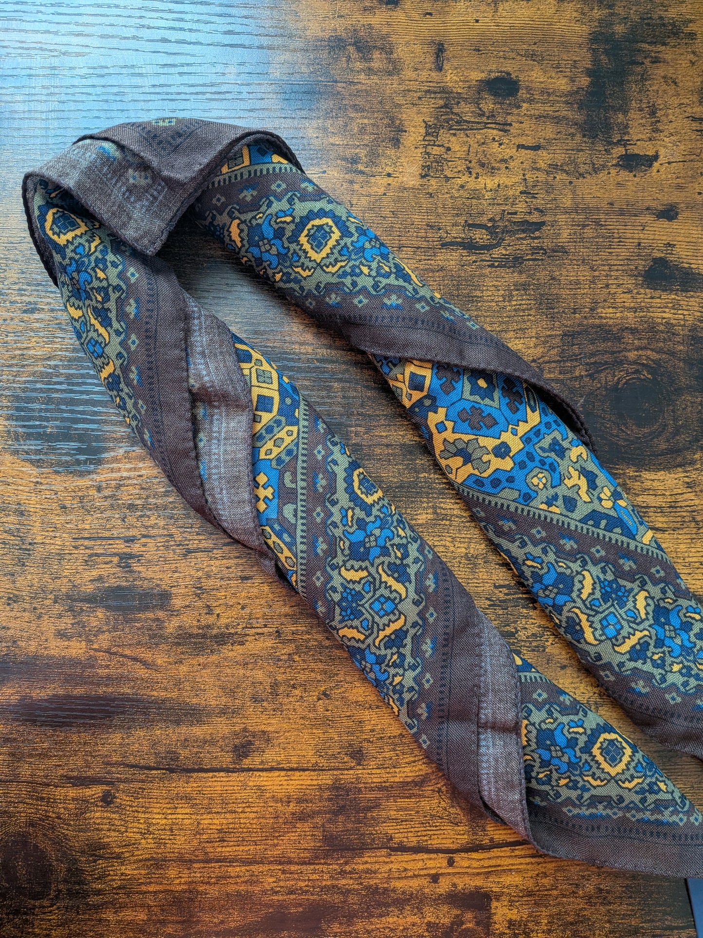 Drake's Brown Blue Tapestry Print Wool-Silk Bandana