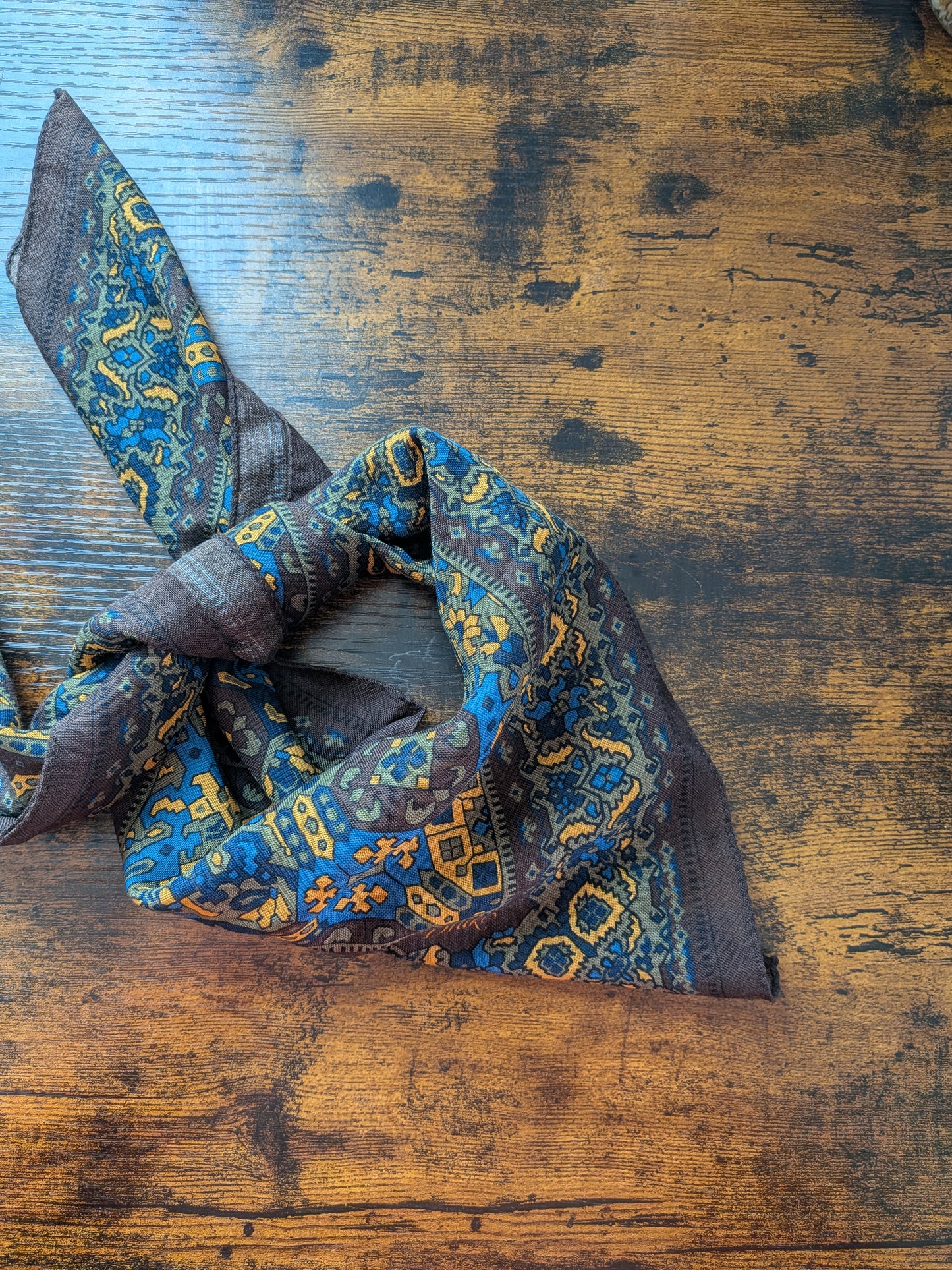 Drake's Brown Blue Tapestry Print Wool-Silk Bandana