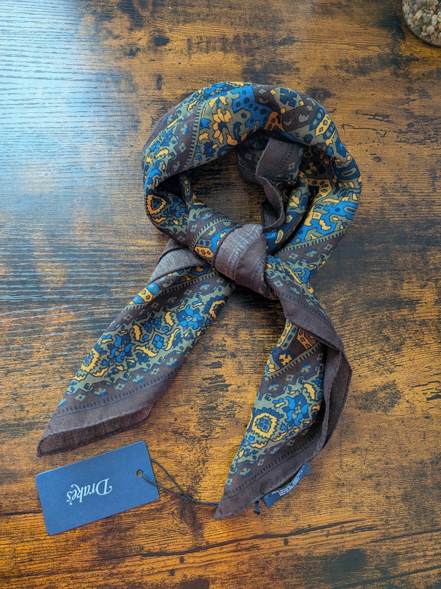 Drake's Brown Blue Tapestry Print Wool-Silk Bandana