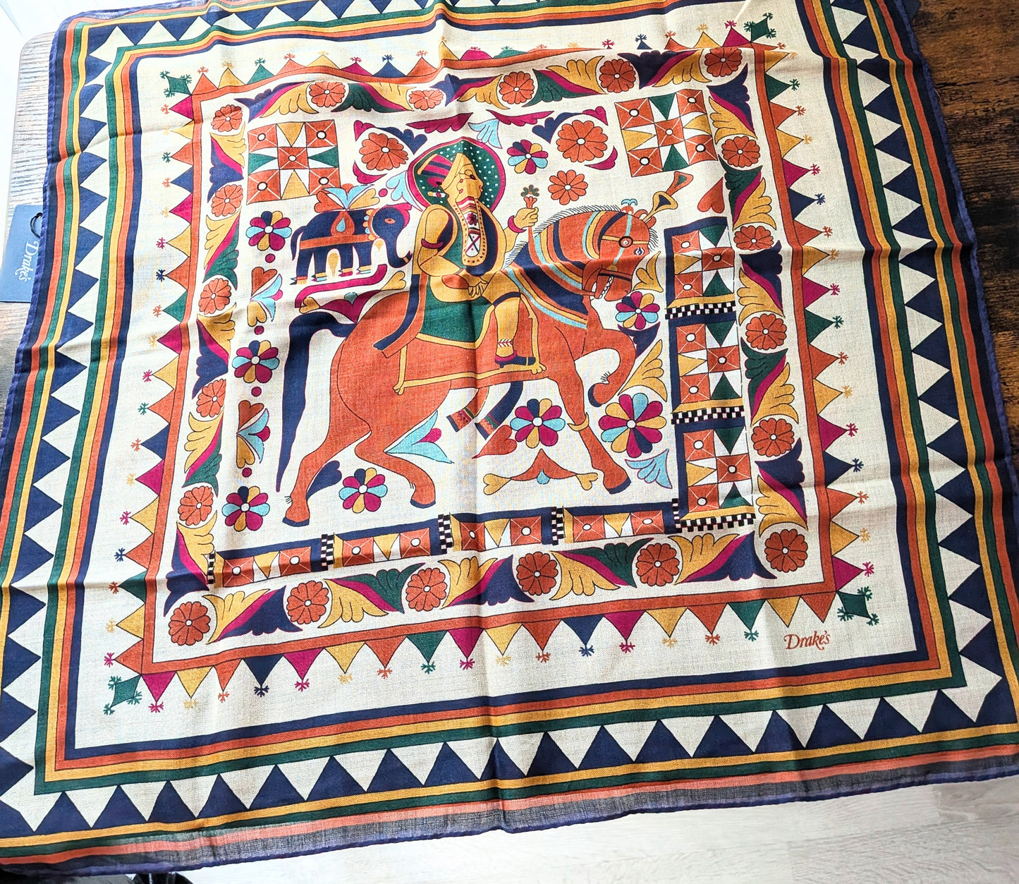 Drake's Orange Buddhist Rider Print Wool-Silk Bandana