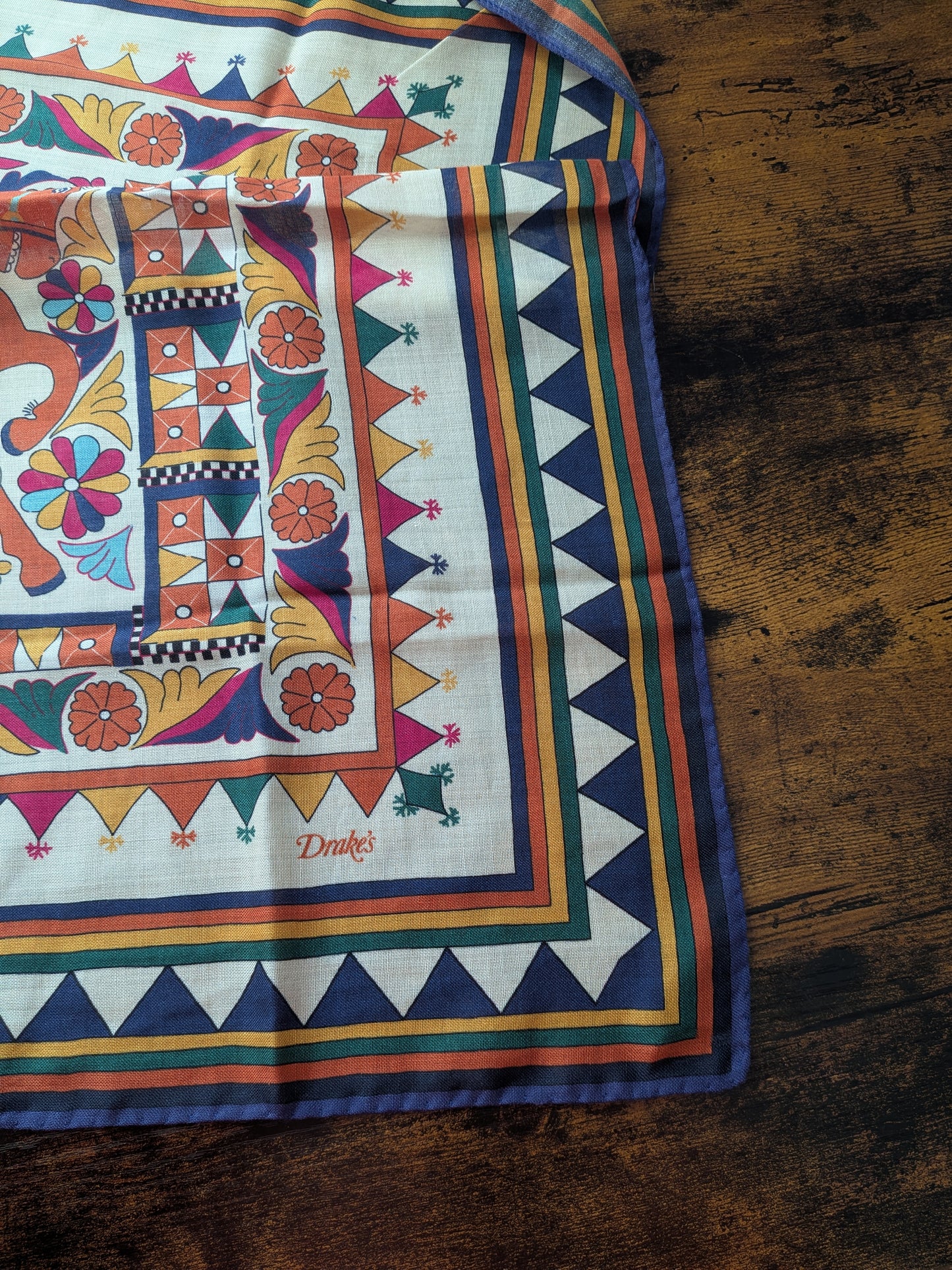 Drake's Orange Buddhist Rider Print Wool-Silk Bandana