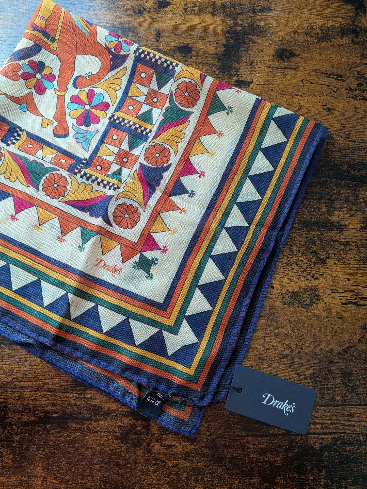 Drake's Orange Buddhist Rider Print Wool-Silk Bandana