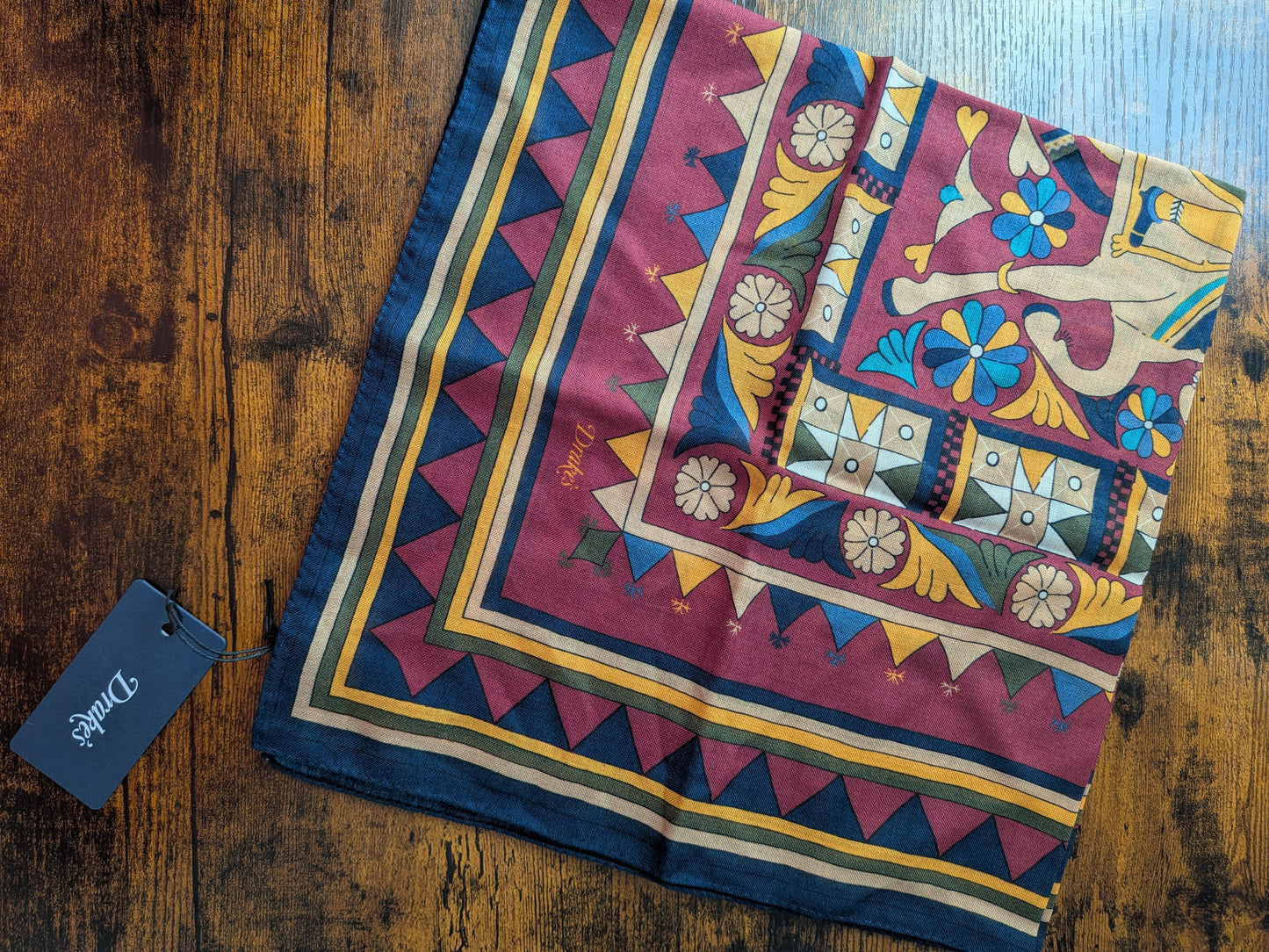 Drake's Burgundy Buddhist Rider Print Wool-Silk Bandana