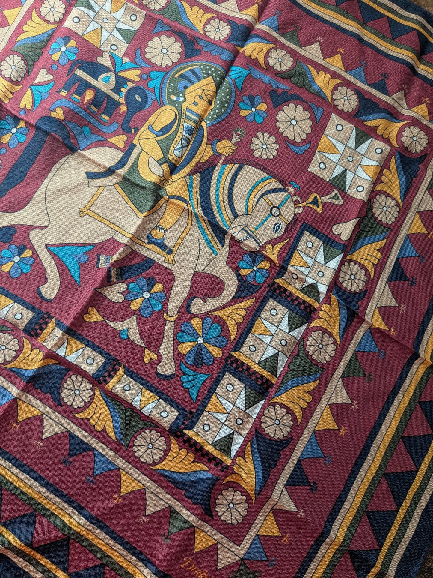 Drake's Burgundy Buddhist Rider Print Wool-Silk Bandana