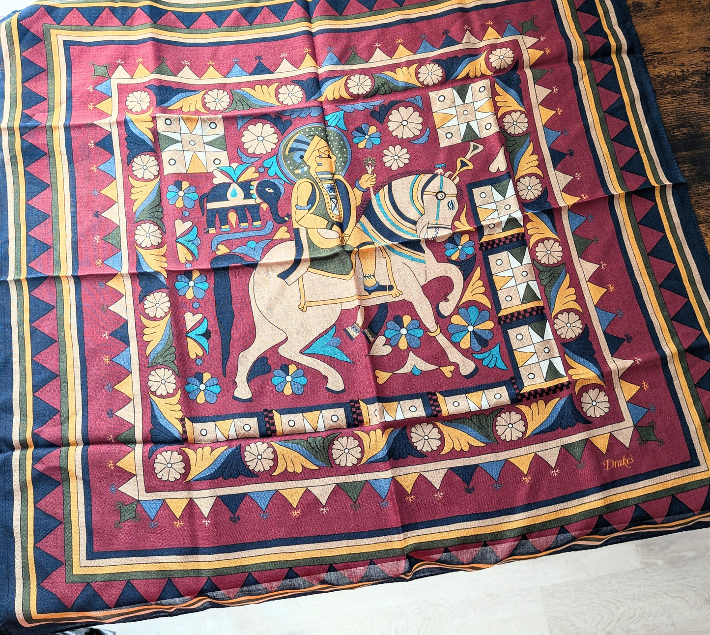 Drake's Burgundy Buddhist Rider Print Wool-Silk Bandana