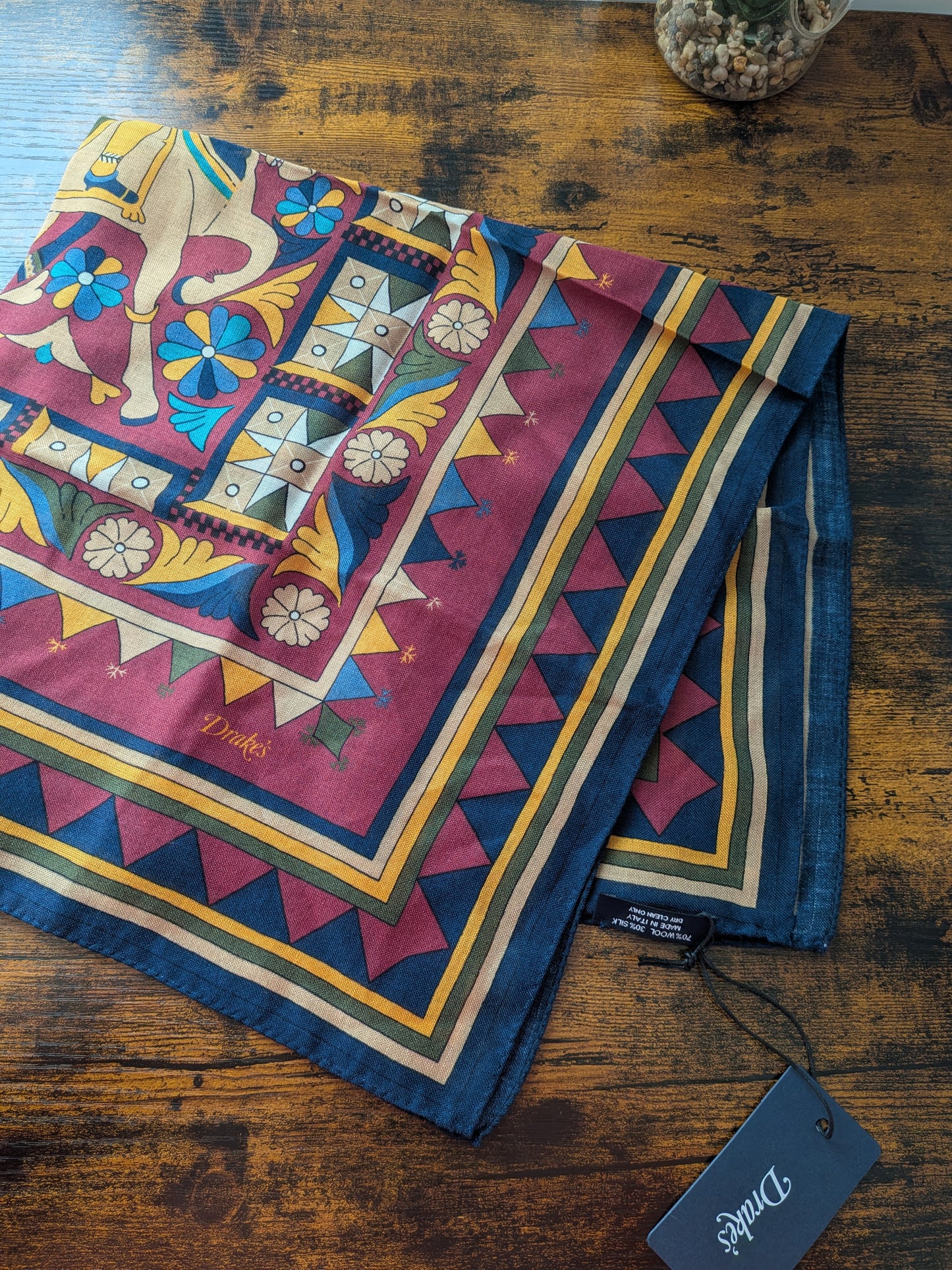 Drake's Burgundy Buddhist Rider Print Wool-Silk Bandana
