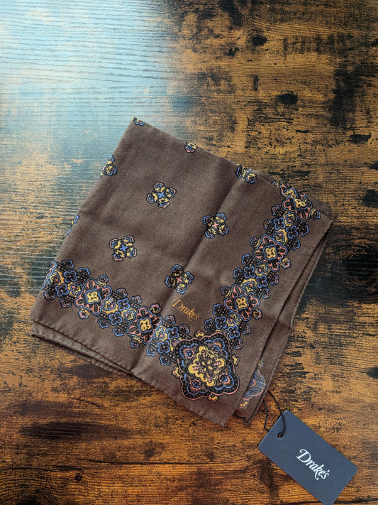 Drake's Brown Kilim Print Wool-Silk Pocket Square