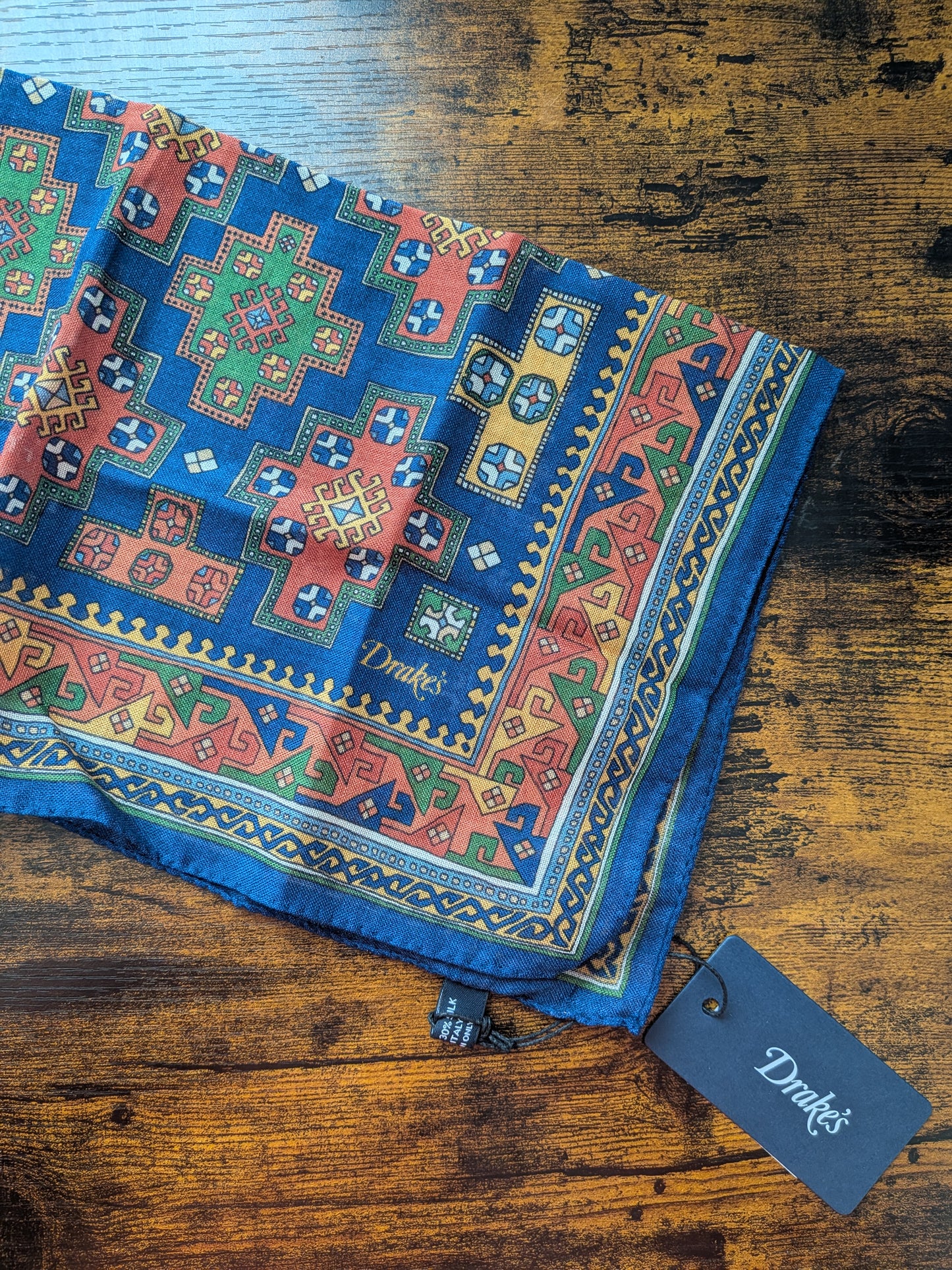 Drake's Navy Kilim Print Wool-Silk Pocket Square