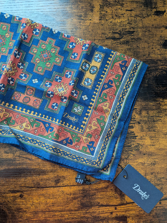 Drake's Navy Kilim Print Wool-Silk Pocket Square