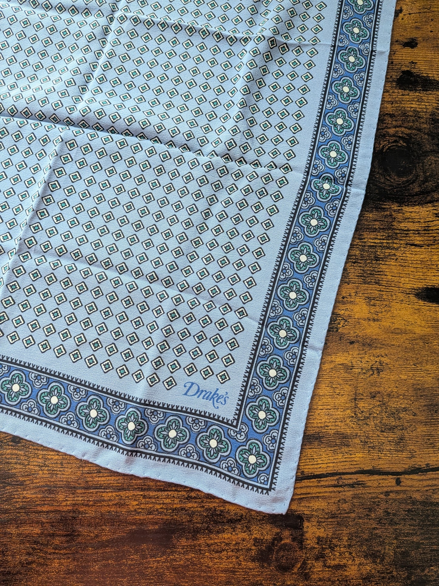 Drake's Blue Vintage Tile Print Silk Pocket Square
