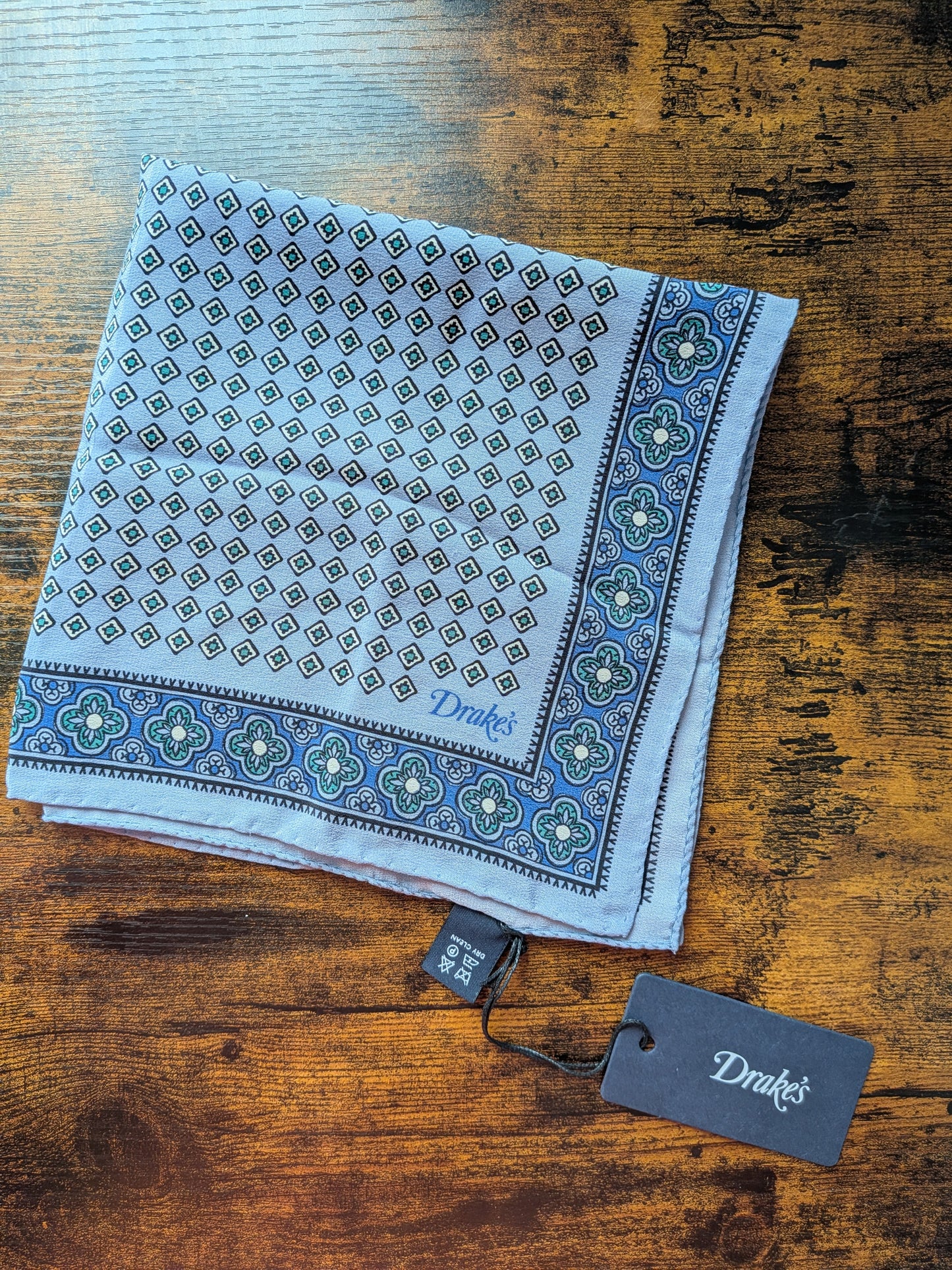 Drake's Blue Vintage Tile Print Silk Pocket Square