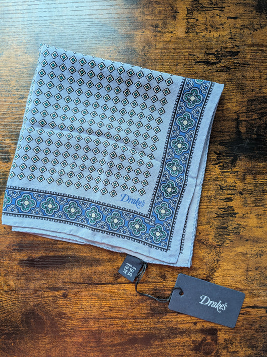 Drake's Blue Vintage Tile Print Silk Pocket Square