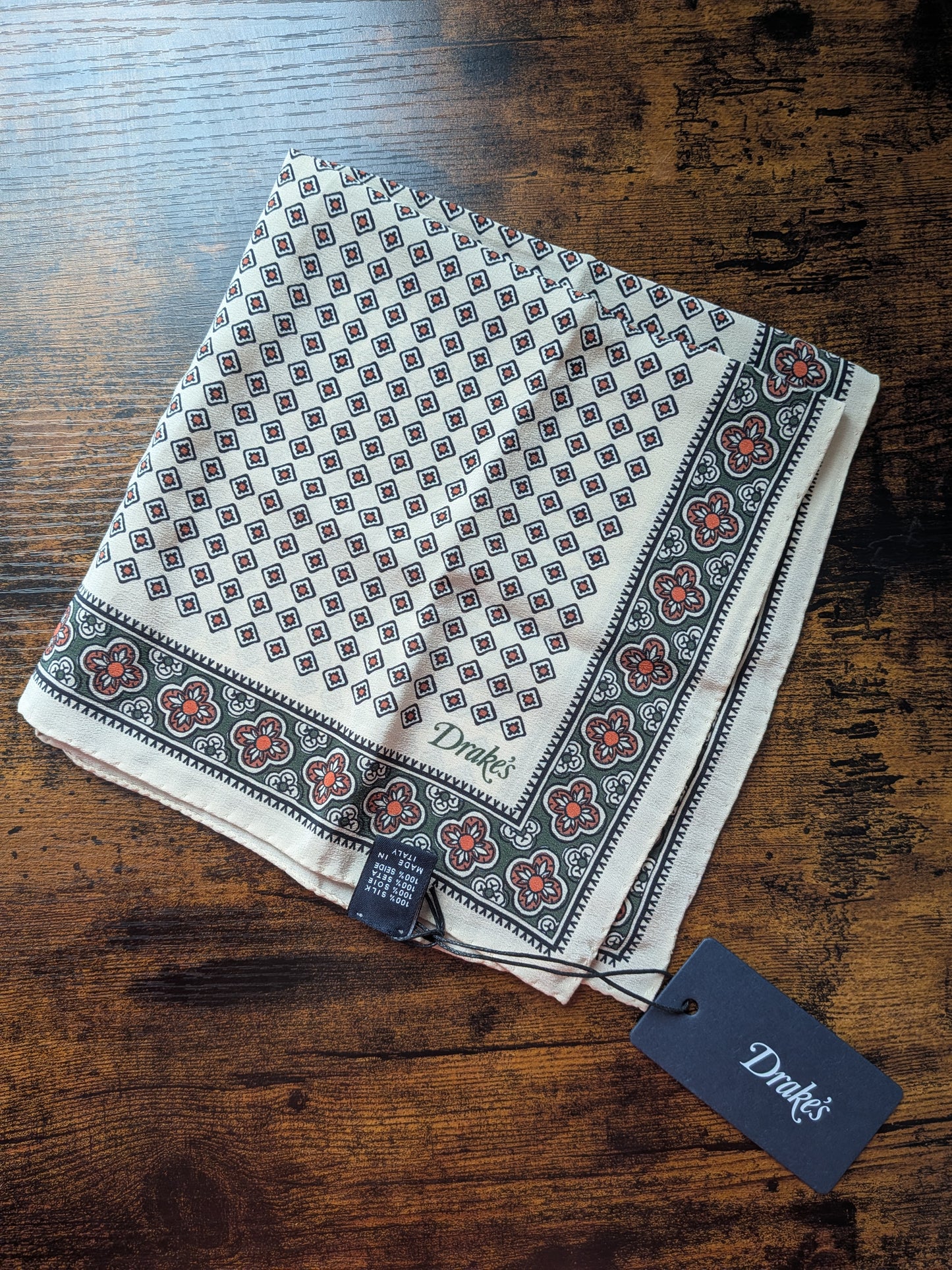 Drake's Ecru Vintage Tile Print Silk Pocket Square