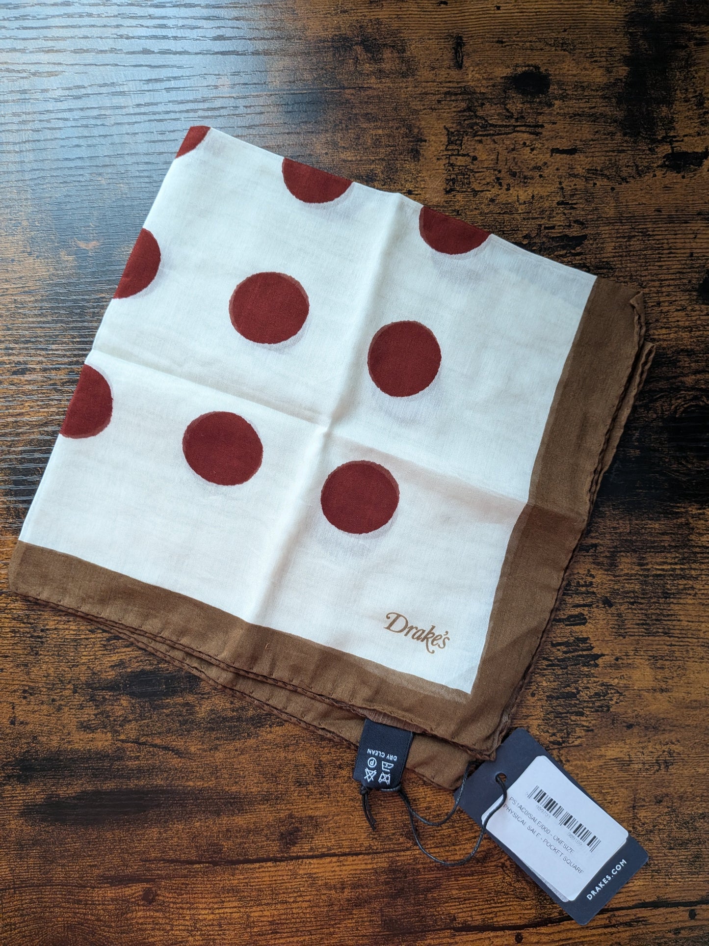 Drake's Brown, Ecru and Red Large Spots Print Cotton-Silk Pocket Square