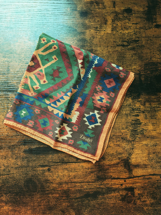 Drake's Green Kilim Print Wool-Silk Pocket Square