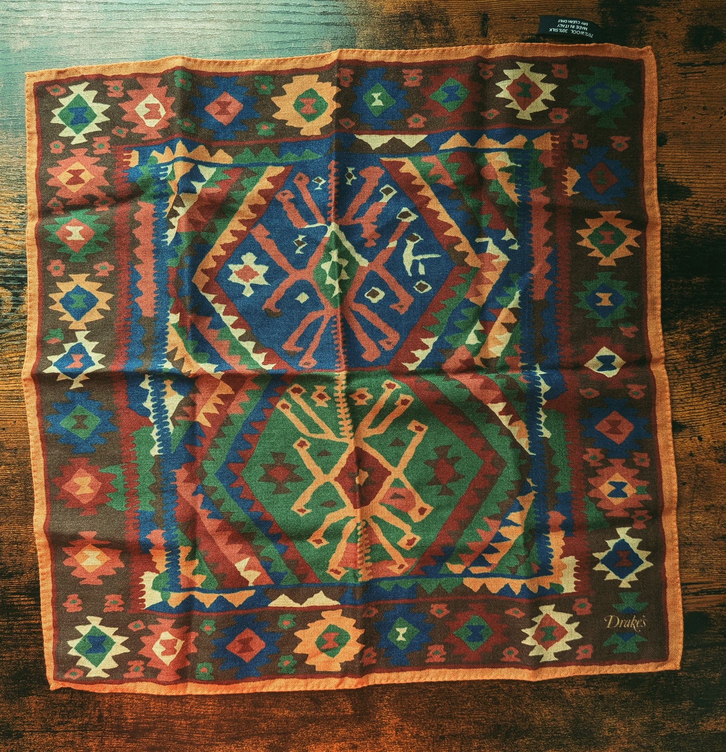 Drake's Green Kilim Print Wool-Silk Pocket Square