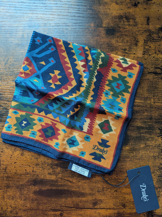Drake's Navy Kilim Print Wool-Silk Pocket Square