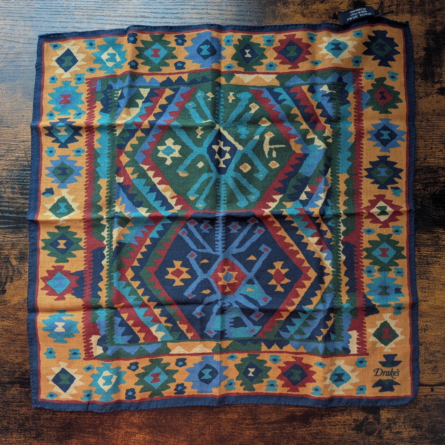 Drake's Navy Kilim Print Wool-Silk Pocket Square