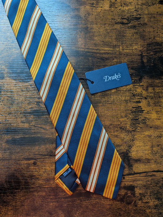 Drake's Yellow Navy Red Block Stripe Repp Silk Tipped Tie