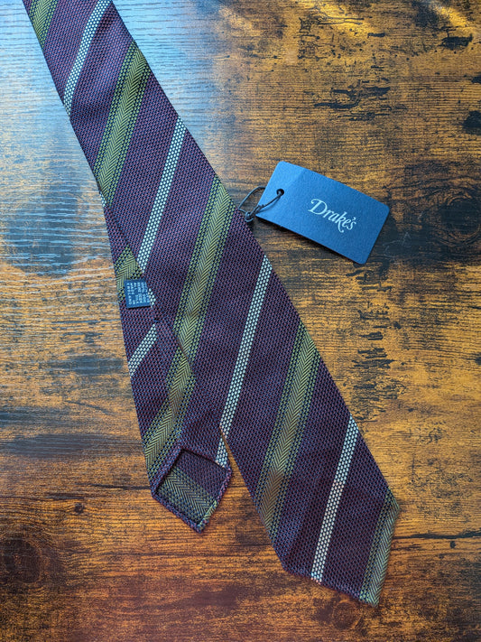 Drakes Purple Mastard White Handmade Striped Silk Tie With Tag