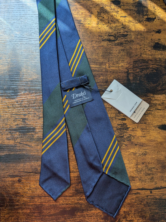 Drakes Navy Green Yellow Handmade Striped Silk Tie With Tag