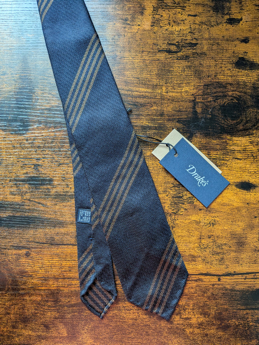 Drakes Black Brown Handmade Striped Silk Tie With Tag