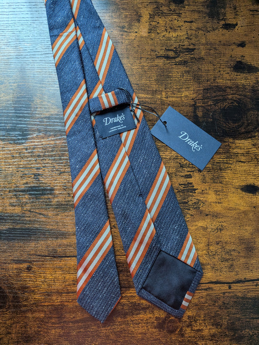 Drakes Blue Orange Ecru Handmade Striped Silk Tie With Tag