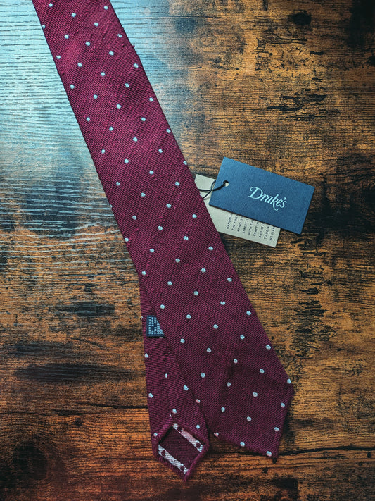 Drakes Burgundy Handmade Polka Dot Hand-rolled Silk Tie With Tag