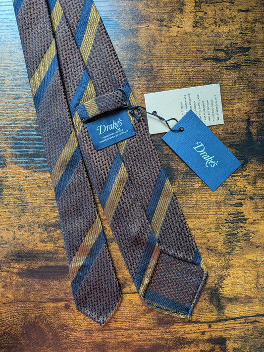 Drakes Brown Navy Yellow Handmade Striped Silk Tie With Tag