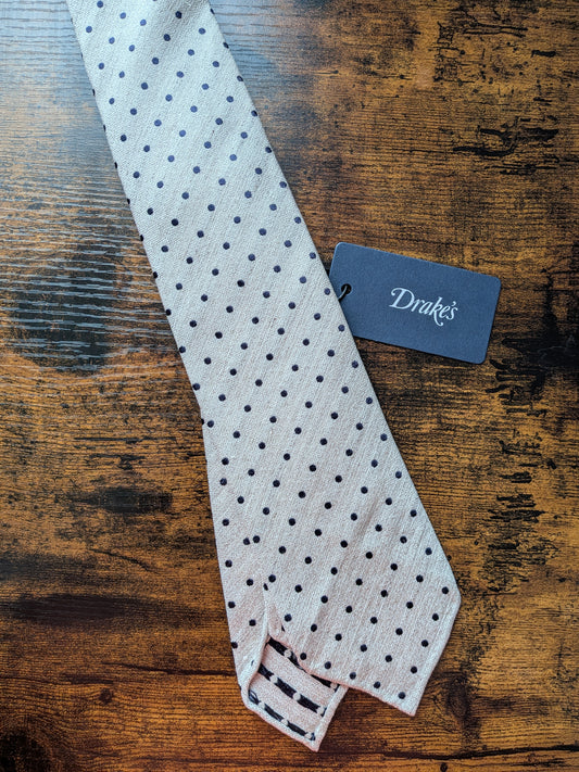 Drakes White Navy Handmade Polka Dot Hand-rolled Silk Tie With Tag