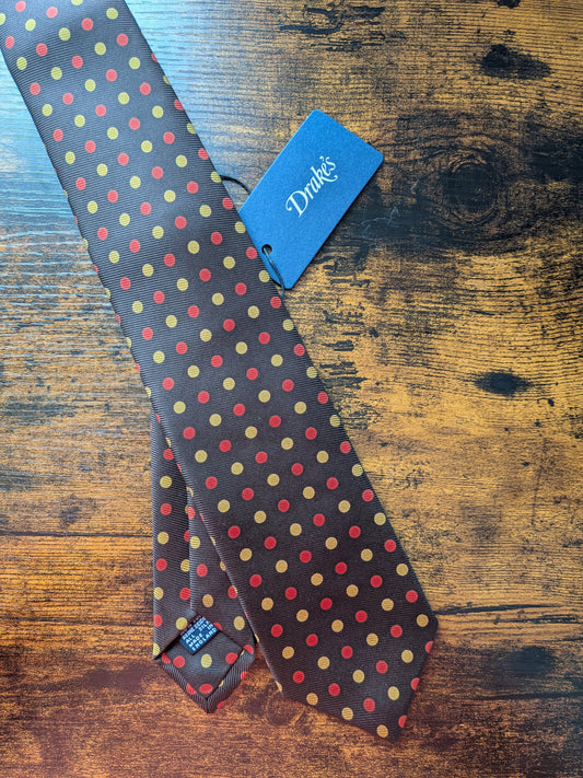 Drakes Brown Orange Yellow Handmade Polka Dot Hand-rolled Silk Tie With Tag