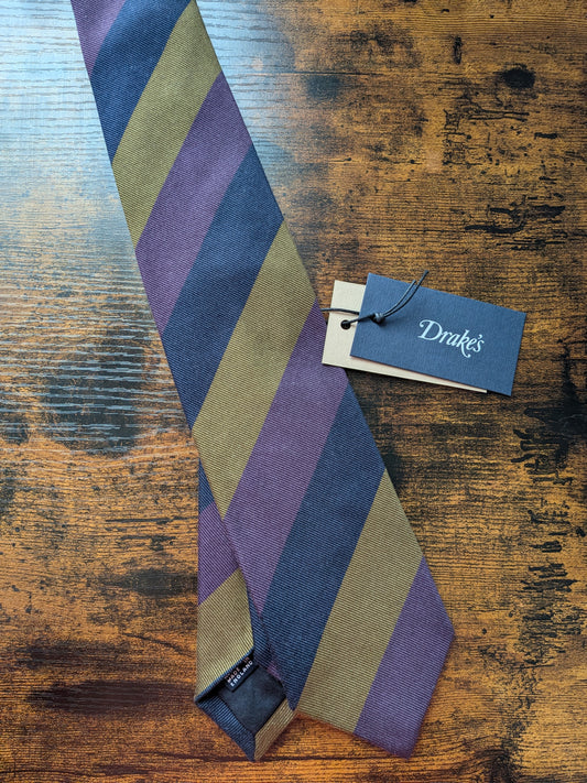 Drakes Purple Navy Mastard Handmade Striped Silk Tie With Tag