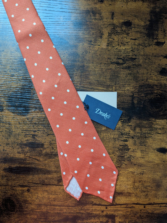 Drakes Orange White Handmade Polka Dot Hand-rolled Silk Tie With Tag