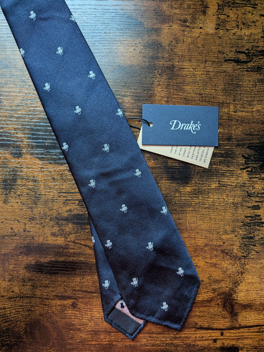 Drakes Dark Navy Robot Handmade Tipped Silk Tie With Tag Robot