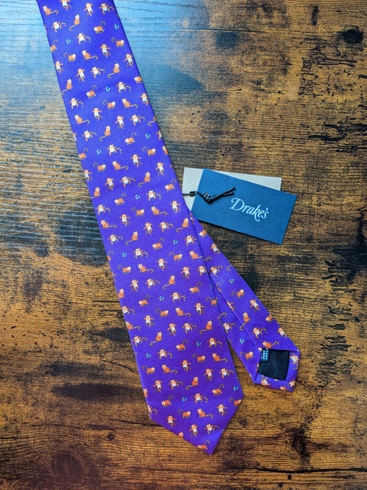 Drakes Red Panda Motif Handmade Tipped Silk Tie With Tag Limited Edition