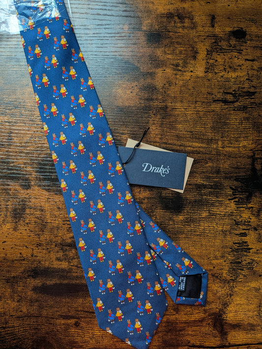 Drake's Blue Bears In Coats Handmade Tipped Silk Tie With Tag Limited Edition