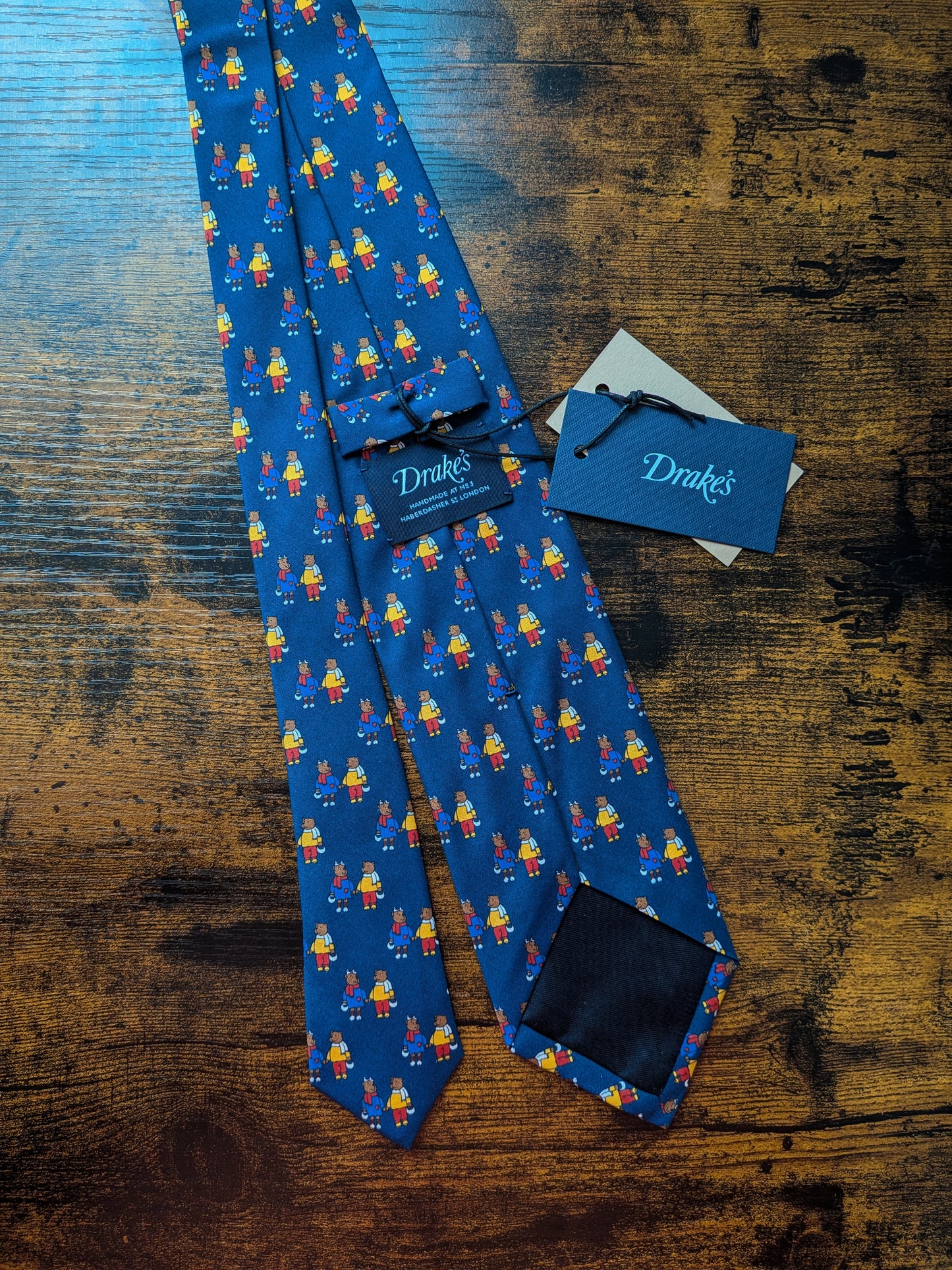 Drake's Blue Bears In Coats Handmade Tipped Silk Tie With Tag Limited Edition